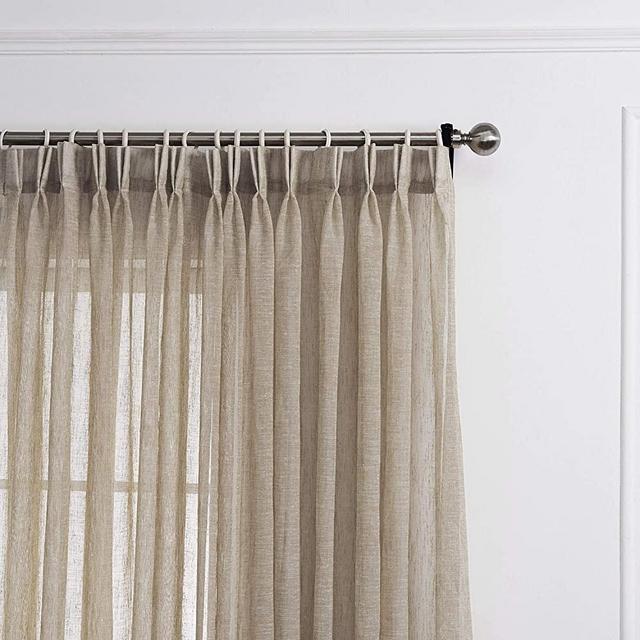 LANTIME Sheer Curtains 96 inches Long, Faux Linen Double Pleated Window Sheer Curtains Panels Drapery for Home, Hotel, Office, 52" W x 96" L Inch Each, Set of 2, Light Brown
