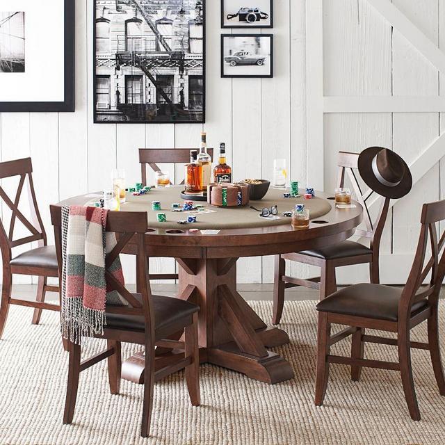 Benchwright Round Poker Table With 6 Chairs, Rustic Mahogany