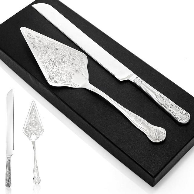 Nagpew Wedding Cake Knife and Server Set, Stainless Steel Engraved Cake Cutting Set, Silver Vintage Pizza Cutter and Serving Spatula for Wedding, Anniversary, Engagement, Birthday, Party