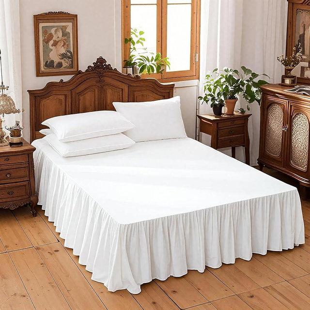 QKTE Belgian Linen Cotton Bed Skirt with 14 Inch Drop, Easy Fit Breathable Dust Ruffle Bed Skirt Premium Natural Flax- Pleated White, King Size