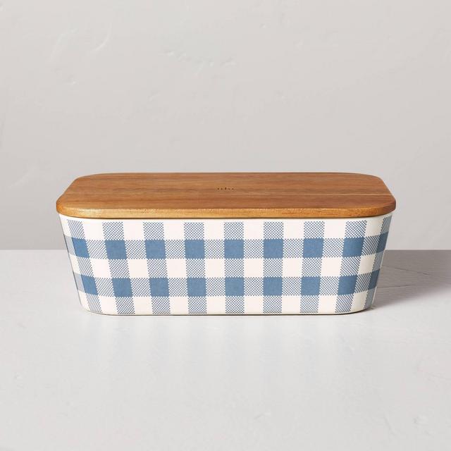 45oz Gingham Bamboo-Melamine Bento Food Storage Box with Wood Lid Blue/Cream - Hearth & Hand™ with Magnolia