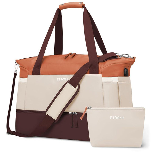 ETRONIK Gym Bag for Women, Travel Duffel Bag with USB Charging Port, Weekender Overnight Bag with Wet Pocket and Shoes Compartment for Women, Travel, Gym, Yoga (Brown/Khaki/Orange)
