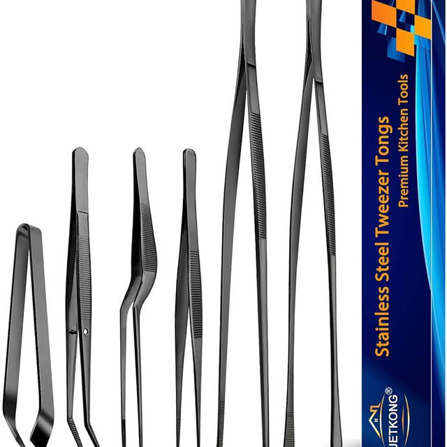 JETKONG 6 Pcs Cooking Tweezer Tongs, 12'' and 6.3" Stainless Steel Kitchen Tweezer Set, Professional Chef Tweezers for Cooking, Repairing, Sea Food, BBQ, Multi-use (Black)