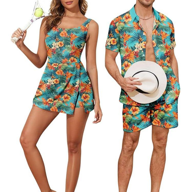 Matching Hawaiian Outfits Beach Vacation for Couples Tropical Print Women One Piece Swimwear or Men Shirt Suit