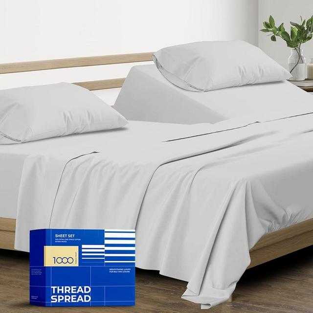 THREAD SPREAD 100% Pure Egyptian Cotton Split King Sheets Sets for Adjustable Bed - 1000 Thread Count 5 PC Top Split King Sheet for Sleep Number Bed, 16" Deep Pocket Soft Cooling Luxury Sheet - Silver