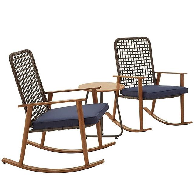 PatioFestival Patio Bistro Set Wood Grain Finish Outdoor Rocking Chairs with Coffee Table All Weather Frame Conversation Set (3Pcs, Blue)