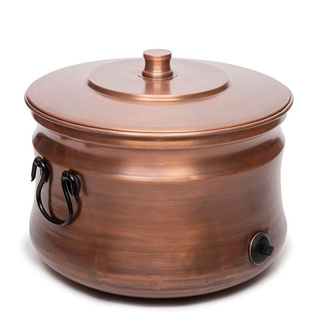 BIRDROCK HOME Copper Water Hose Holder - Ground Garden Hose Pot - Decorative - Handle - Embossed - Steel Metal - Outdoor or Indoor Use (Copper)