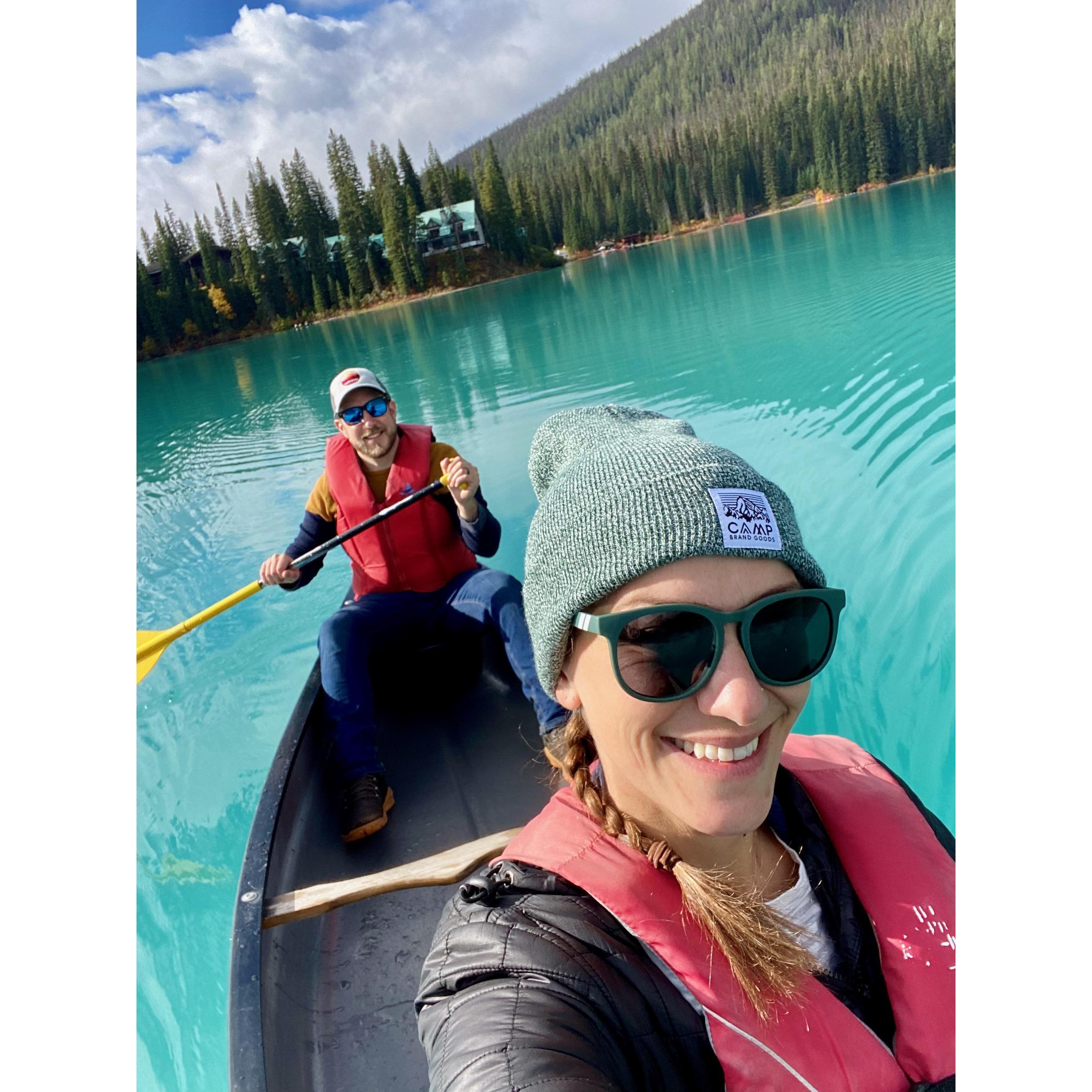 Canoeing on Emerald Lake, Yoho National Park.