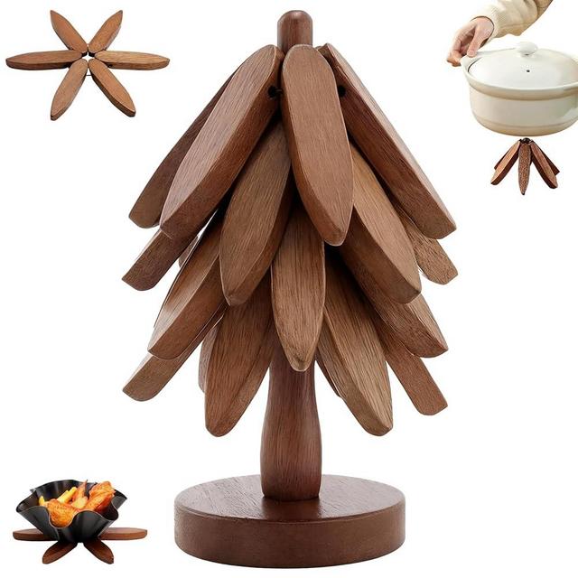 Wooden Trivet Tree, 4 Trivets + 1 Stand for Hot Dishes, Natural Tree Trivet Set, Multi-Functional Decorative Heat Resistant Mats Pots Bowls Teapots Pans Handcrafted Non-Slip Design （Walnut Wood）