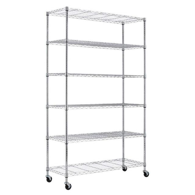 Storage Metal Shelf 6 Tier 82"x48"x18" Wire Shelving Unit with Wheels Sturdy Steel Layer Rack with Casters Heavy Duty for Restaurant Garage Pantry Kitchen Space-Saving Overall Chrome Kitchen Rack