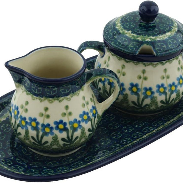 Polmedia Polish Pottery Sugar and Creamer Set - Blue Daisy Circle Pattern Handmade in Boleslawiec Poland by Ceramika Artystyczna + Certificate of Authenticity