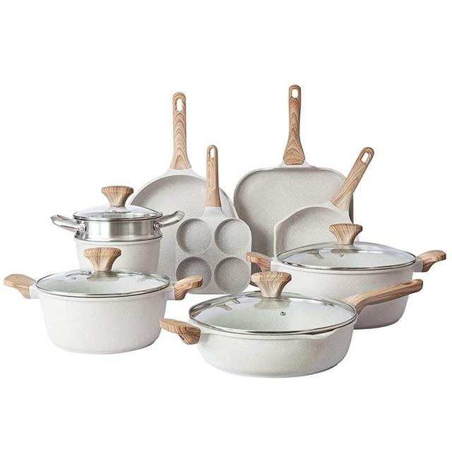 Country Kitchen Nonstick Induction Cookware Sets - 13 Piece Nonstick Cast Aluminum Pots and Pans with BAKELITE Handles - Induction Pots and Pans with Glass Lids -Cream