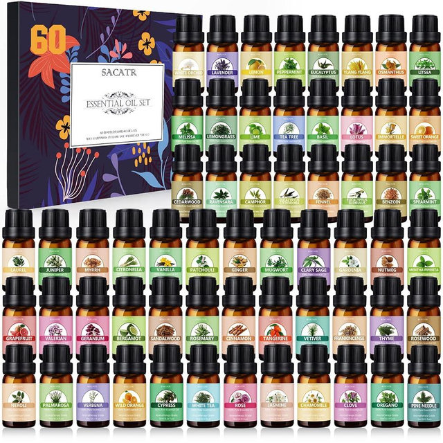 SACATR Essential Oil Set - Perfect for Diffuser, Massage, Soap, Candle, Bath Bombs Making, 60x10ml(0.33fl.oz)