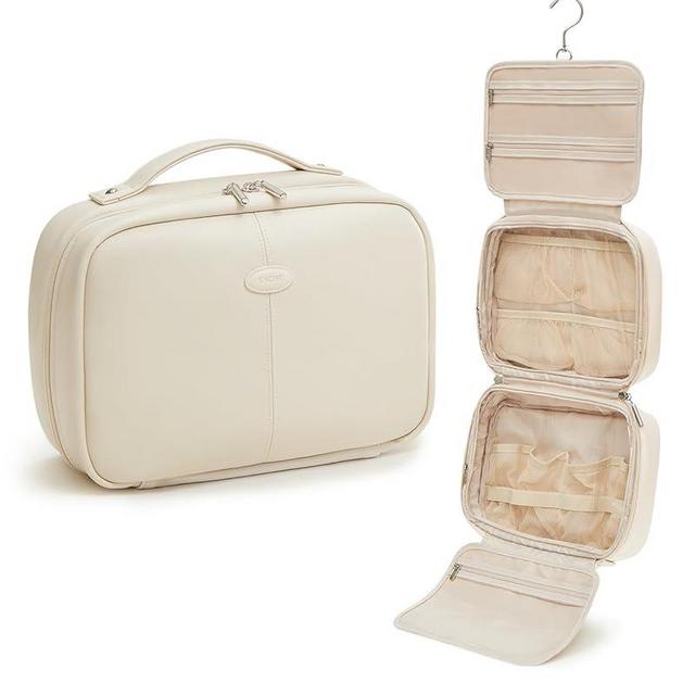 EACHY Toiletry Bag with Hanging Hook, Travel Makeup Bag PU Leather Cosmetic Bags for Women Make Up Organizer with 4 Compartments Waterproof Full-Size Portable Travel Essentials (White，Pro)