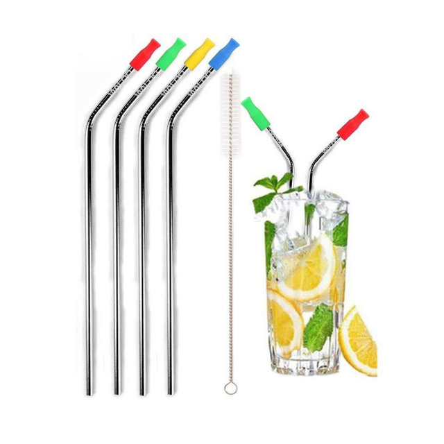 Waloo Home Set of 4 Reusable 8.5" Metal Stainless Steel Drinking Straws, And Cleaning Brush For 20-30oz Tumblers, Cups And Mugs (Silver,Curved + Silicone Tips)
