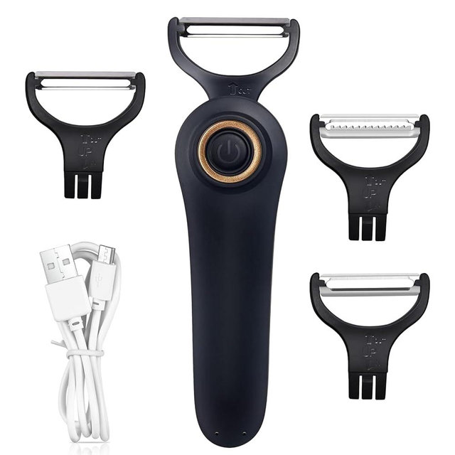 Electric Potato Peeler, Handheld Electric Vegetables and Fruit Peeler 3-in-1 Pro Set, USB Rechargeable Kitchen Gadgets for Apples, Potato, Carrots, Cucumber (Black)