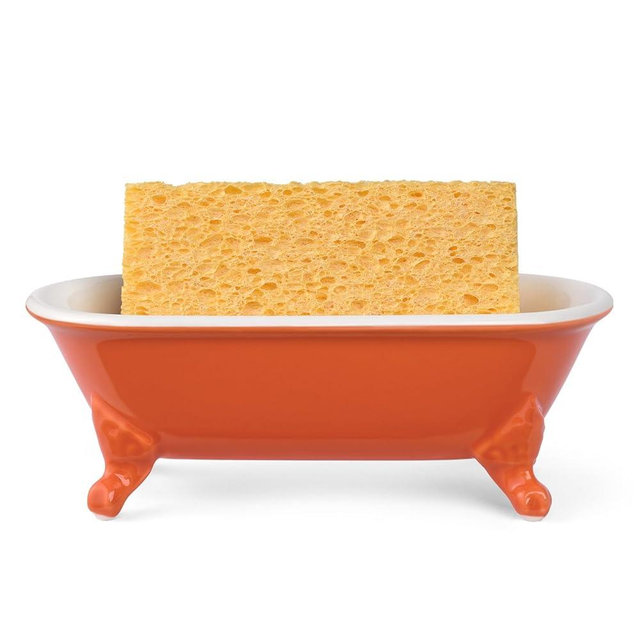 NEWHENGS 6.5" Ceramic Mini Decorative Clawfoot Bathtub Bar Soap Dish, Kitchen Sponge Holder And Shower Tray For Bathroom, 1 Pack(Dark Orange)
