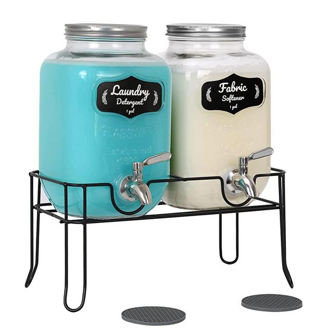 Laundry Detergent Dispenser – 1 Gallon Decorative Fabric Softener & Laundry Soap Dispenser - Glass Drink Dispenser Container & Mason Jar with Spout, Screw Lid, Stand with Rubber Drip Mats - 2-Pack