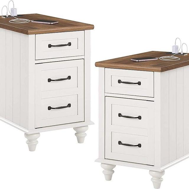 WAMPAT 2 Pack End Table with Charging Station, Nightstand with Solid Wood Leg, SideTable with Power outlets USB Ports, Nightstand with Drawer Storage Cabinet for Bedroom