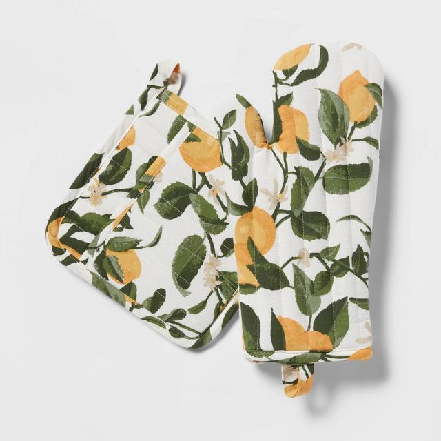 2pc Cotton Printed Lemon Oven Mitt and Pot Holder Set - Threshold™
