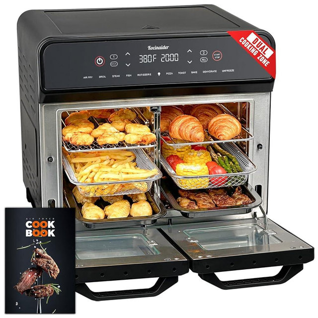 24Qt Dual Zone Air Fryer Oven with Rotisserie, Large Double Air Fryers Mini Oven Digital 1800W 10 in 1 Airfryer Countertop Convection Oven Electric and Grill, Stainless Steel Inner, 360° Even Heating