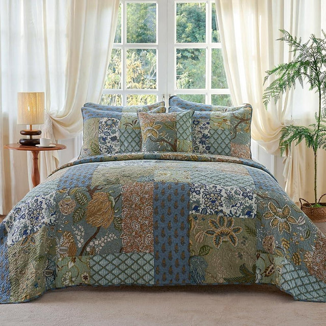 Secgo Queen Comforter Set for Bed - 100% Cotton Quilts Queen Size, Green, Sage Bedspreads (90 * 98 Inch) with 2 Pillow Shams, Patchwork Reversible Lightweight Bedding