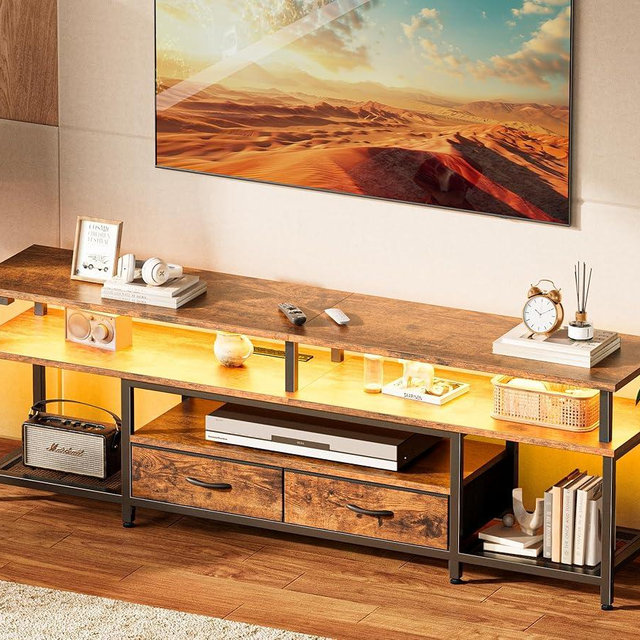 Huuger TV Stand for 65, 70, 75 Inch TV, Entertainment Center with Power Outlets and LED Lights, TV Console for Living Room, Media Console with Drawers and Shelves, Rustic Brown