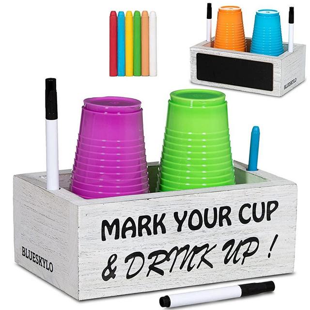 Blueskylo Double Cup Holder with Marker – Rustic Design Double Cup Holder with Side Erasable Chalkboard – Kitchen Décor Cup Holders Ideal for Parties – Mark Your Cup and Drink Up Cup Holder