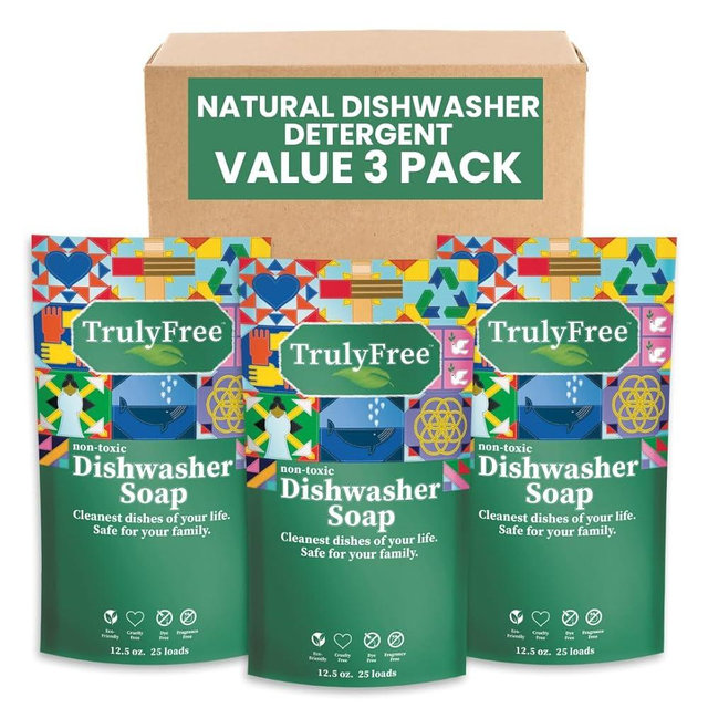 Truly Free Automatic Dishwasher Detergent Powder - Concentrated Dishwashing Detergent, Dish Soap, Hard Water Stain Remover, Kitchen Cleaning Supplies, No Harmful Ingredients - 12.5 oz (Pack of 3)