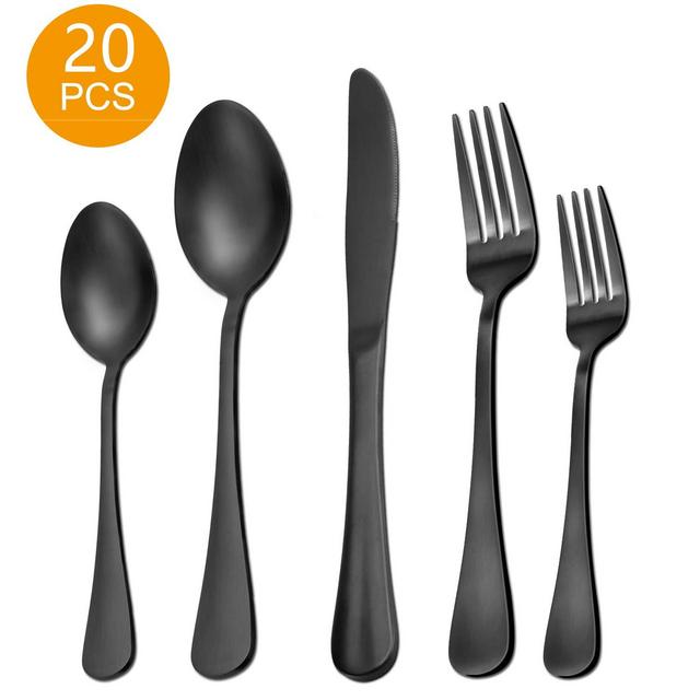 Black Silverware Set, 20 Pieces Matte Black Stainless Steel Flatware Set Utensils Cutlery Steak Knife Fork and Spoon Set, with Gift Box