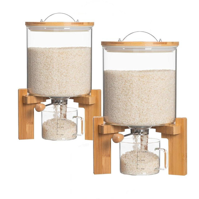 HBlife 8-10 Lbs Glass Rice Dispenser with Wooden Stand Flour and Cereal Container with Glass Measuring Cup Pantry Food Organization Storage Bin with Airtight Bamboo Lid, 5L (2 Pack)