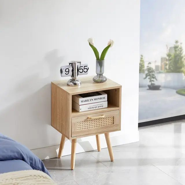 15.75" Rattan End table with Drawer and Solid Wood Legs, Modern Nightstand, Side Table for Living Roon, Bedroom, Natural-ModernLuxe