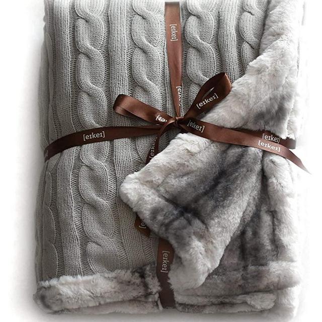 Cable Knit Sherpa Oversized Throw Reversible Blanket Faux Sheepskin Lined Cozy Cotton Blend Sweater Knitted Afghan in Grey White or Turquoise Blue (Chinchilla Stripe)