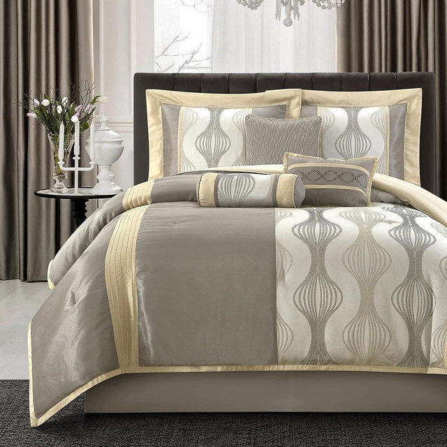 LANCO MODERN LIFESTYLE Queen Comforter Set, Grey Gold, 7 Pieces in a Bag, Ultra Soft Jacquard with Solid Piecework, Luxury Bed Set with Comforters, Bed Skirt, Pillow Shams and Decorative Pillows
