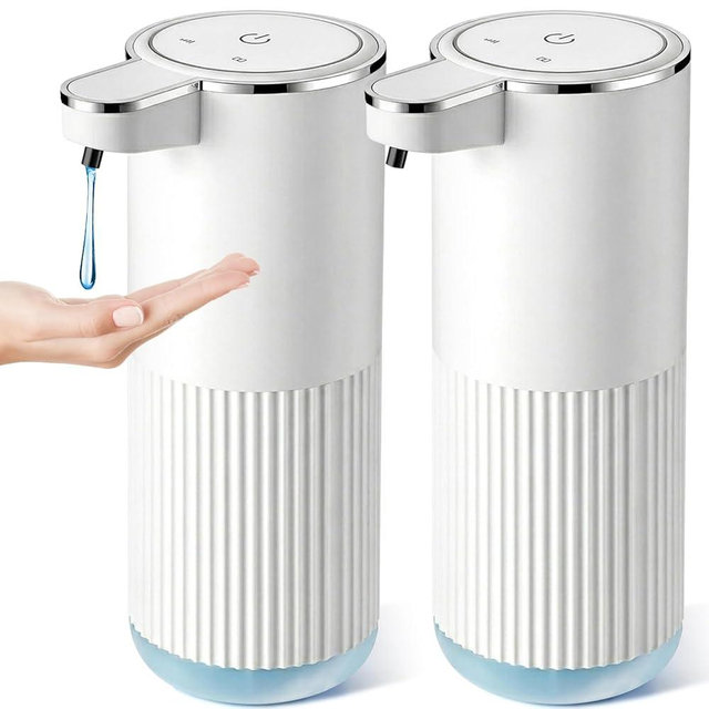 RYTOXILO Automatic Soap Dispenser, 2 Pack White Touchless Liquid Soap Dispenser for Bathroom, 13.5 Fl Oz Plastic Electric Auto Dish Soap Dispensers Wall Mount for Kithcen with Adjustable Volume