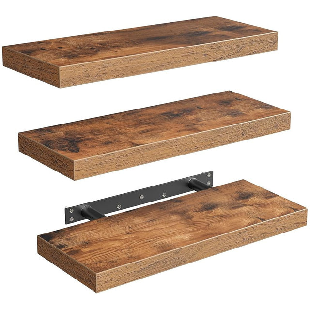 RALGEND Floating Shelves for Wall, 1.5" Thick Wall Shelf Set of 3 with Invisible Brackets, 15.7L x 7.9W Hanging Shelves Farmhouse Home Decor for Bathroom, Living Room, Bedroom, Rustic Brown 4301BJP3BF
