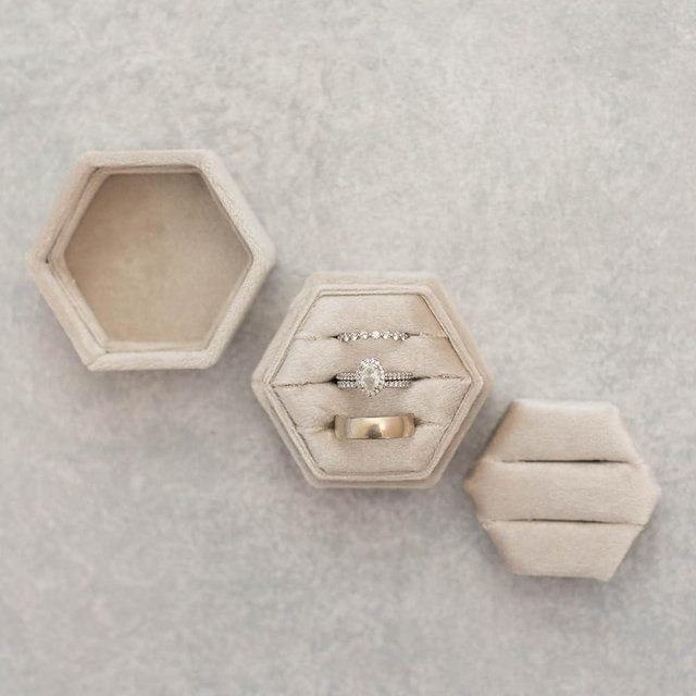 Velvet Ring Box Wedding Day | 2-in-1 Elegant Champagne Engagement Ring Box | 3 Slot Ring Box or Double Ring Box | Hexagon Wedding Ring Boxes for Ceremony | Ring Box for Proposal Beige/Gold