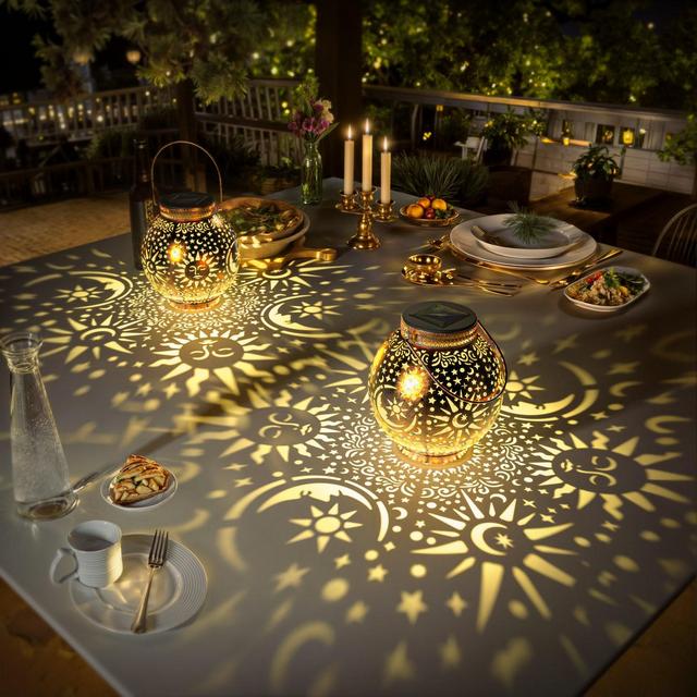 2 Pack Garden Solar Lights Design with Moon Sun Star Outdoor Decors Patio Hanging Solar Lantern for Table LED Light Waterproof