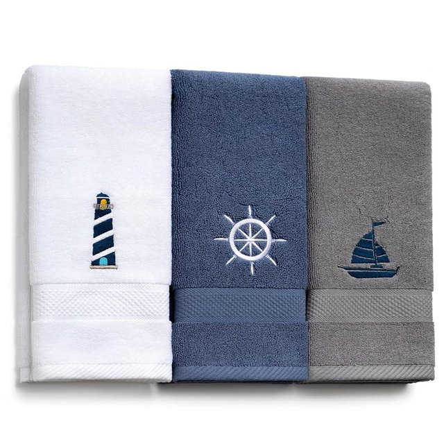 HunnmingRe 3 Pcs Nautical Hand Towels 13.3 x 28.4'' Nautical Bathroom Decor Summer Dark Blue White Cotton Dish Towels Coastal Boat Owners Gift for Home Bath Kitchen Beach Accessories