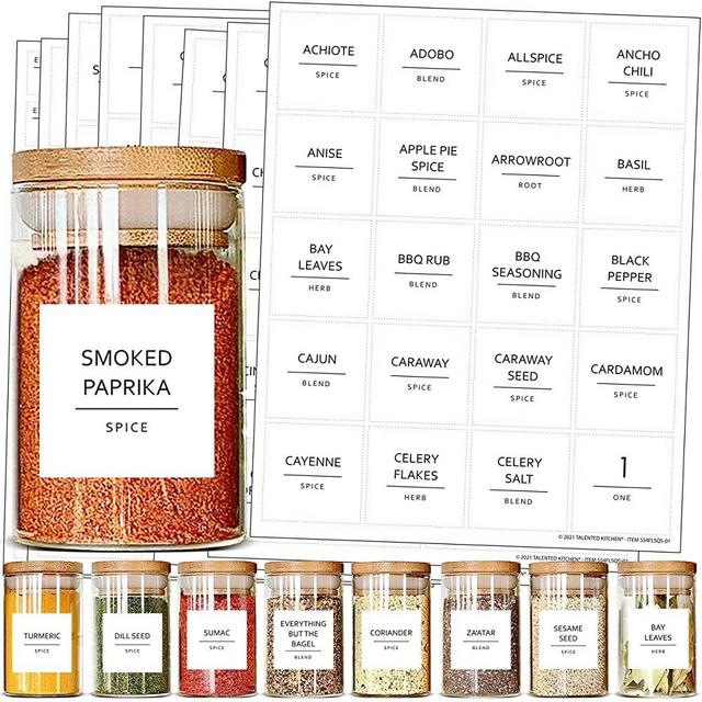 Talented Kitchen 184 Minimalist Spice Labels. Black Print on White Matte Backing Water Resistant. Square Spice Jars Vinyl Organization Storage. Spice Rack Organization System (184 Square Spice Label)
