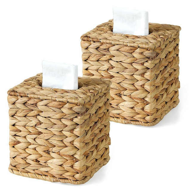 KALEKAIL 2 PK Rattan Tissue Box Cover, Wicker Tissue Box Holder Square, Boho Decorative Woven Water Hyacinth Cube Tissue Holders
