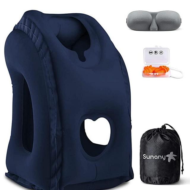 Sunany Inflatable Neck Pillow Used for Airplanes/Cars/Buses/Trains/Office Napping with Free Eye Mask/Earplugs (Blue)