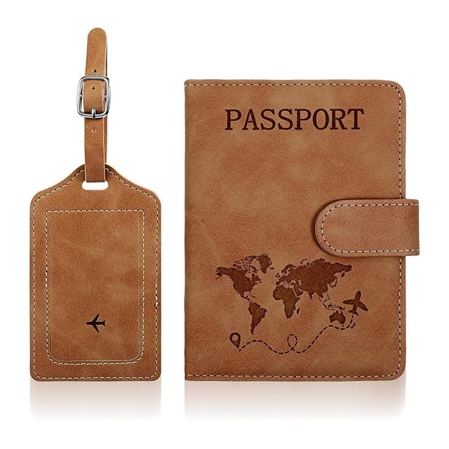 Passport Holder with Leather Luggage Tags, Waterproof RFID Blocking Passport Holders, Passport Wallet Cover Case Travel Must Haves Accessories Passport Book Holders for Women and Men (Brown)