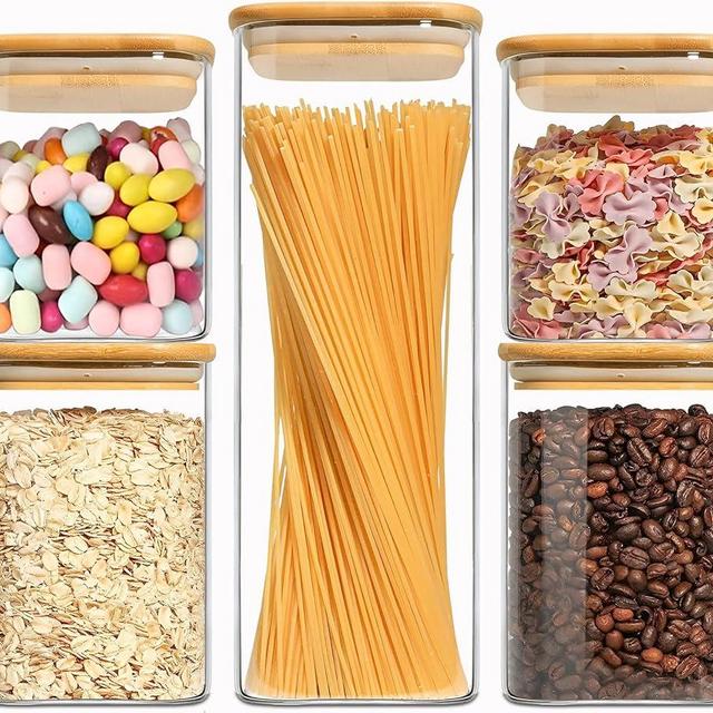 VIEWELLD Food Storage Containers with Airtight Bamboo Lids Set of 5, Glass Canisters with Airtight Lids, Glass Food Storage Containers for Pasta, Oats, Coffee, Flour, Sugar, Best for Kitchen, Square