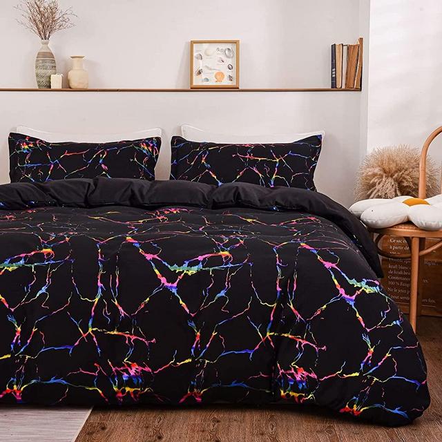 A Nice Night Marble Comforter Set, Gold Metallic Colorful Foil Print Glitter Bedding Set (King,Black)