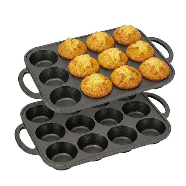 Flavehc 2pack Cast Iron Muffin Pans for Baking 12 Cup Regular Size Cupcake Pan with Handle Pre-Seasoned Muffin Pans Molds