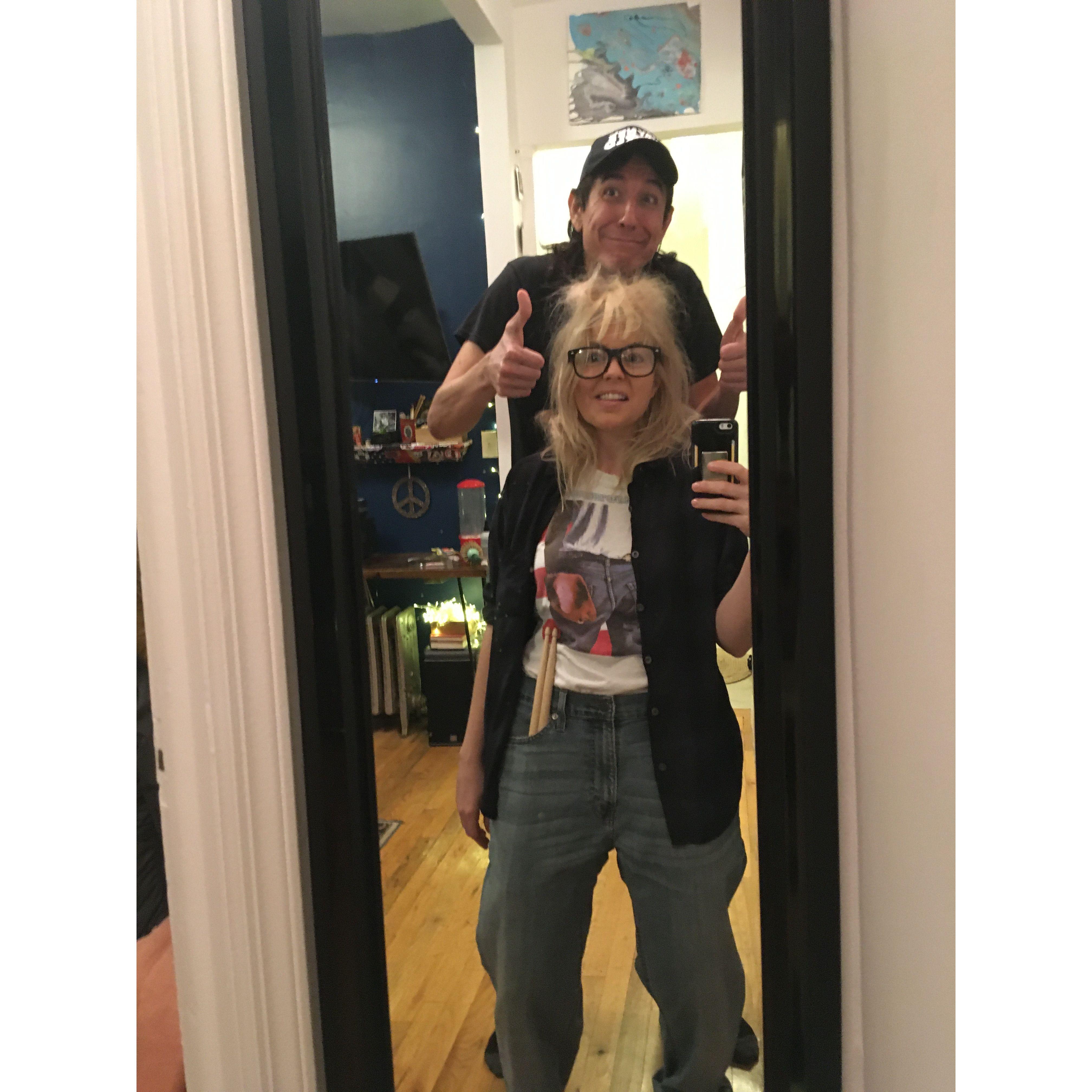 Alex and Jason dress up as Wayne and Garth for Halloween.