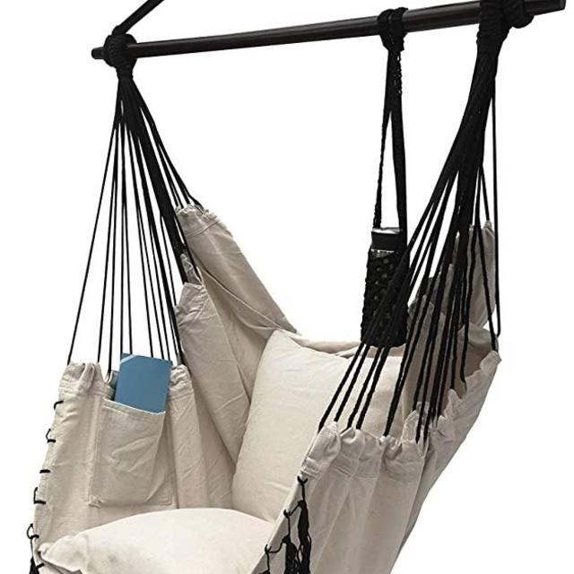 Project One Hanging Rope Hammock Chair, Hanging Rope Swing Seat with 2 Pillows, Carrying Bag, and Hardware Kit Perfect for Outdoor/Indoor Yard Deck Patio and Garden, 300 Pound Capacity (Beige)