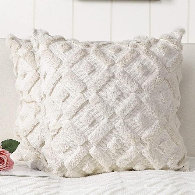 Madizz Pack of 2 Soft Plush Short Wool Velvet Decorative Throw Pillow Covers Luxury Style Cushion Case Pillow Shell for Sofa Bedroom Square Beige 20x20 inch