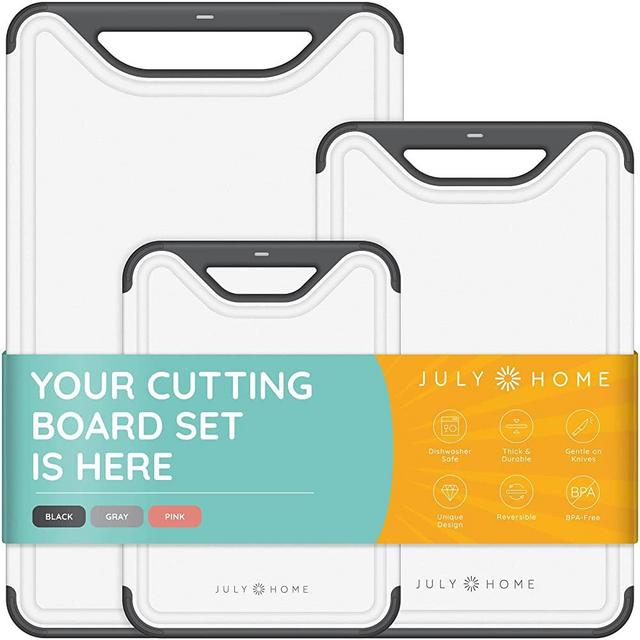 Cutting Boards for Kitchen - Plastic Cutting Board Set of 3, Dishwasher Safe Cutting Boards with Juice Grooves, Thick Chopping Boards for Meat, Veggies, Fruits, Easy Grip Handle, Non-Slip (Black)